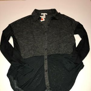 Womens high low button down gray and black long sleeve top Size large NWT !